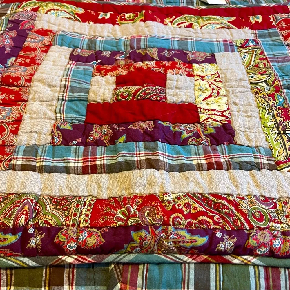 RARE Pottery Barn Vintage Log Cabin Christmas Patchwork Quilt Set- F/Q Multi